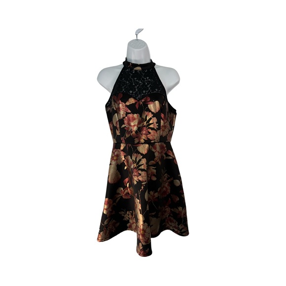 Francesca's Collections Dresses & Skirts - Black metallic gold and rose floral halter mini dress size large made in USA